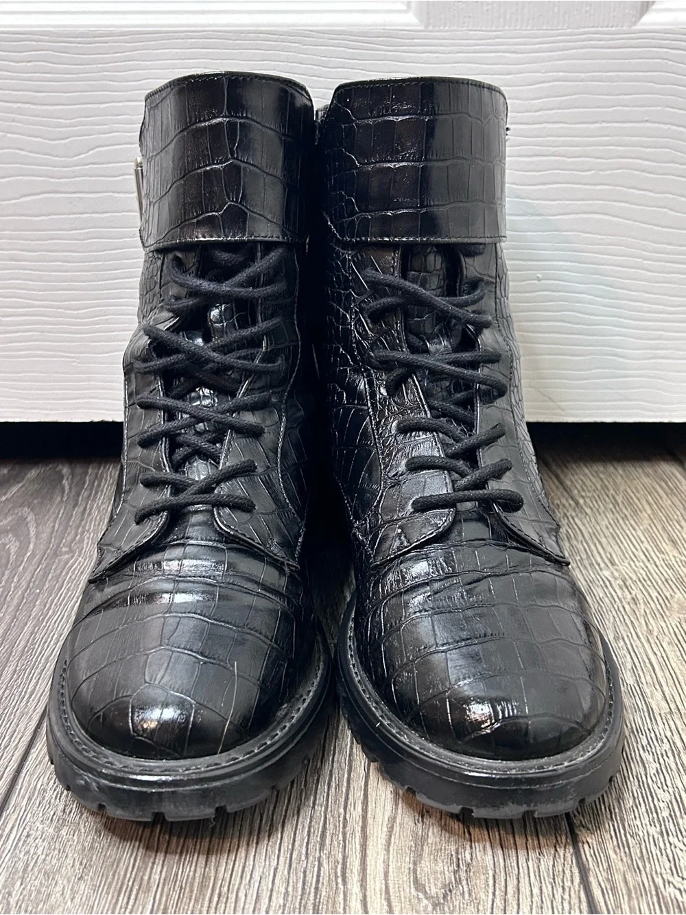 Black Croc Embossed Combat Boots Buckle Lace Up Ankle Boots Size 10 - Picture 2 of 12